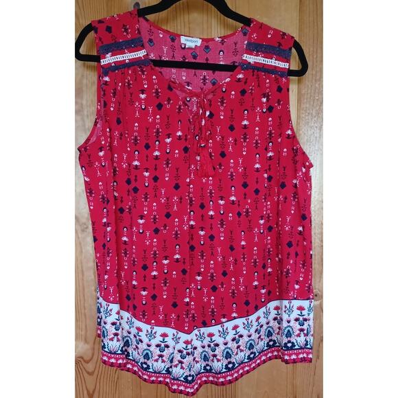 Westport Boho Tunic Blouse Womens 2X Red White and Blue Contrasting Trim Tassels - Picture 3 of 7